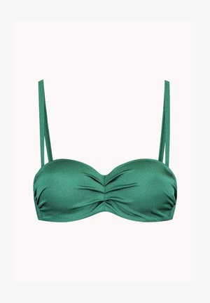 Zielony biustonosz bikini z żeberkami, z marszczonym środkiem, regulowanymi wąskimi ramiączkami i gładkim wykończeniem; wykonany z elastycznej, teksturowanej tkaniny.