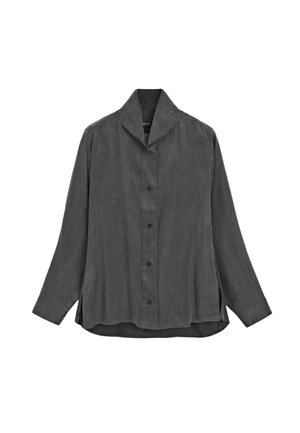 Gray, long-sleeve button-up shirt made of soft, textured fabric with a folded collar and side slits for ease of movement.