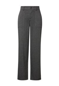 Grijze op maat gemaakte broek van textuurstof, met een rechte pijp, twee voorzakken en een knoopsluiting.