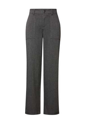 Pantaloni grigi su misura realizzati in tessuto texture, con taglio dritto, due tasche frontali e chiusura a bottone.