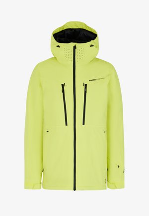 Gelbe wasserdichte Jacke mit Kapuze, schwarzen Reißverschlüssen, Fronttaschen und Belüftungslöchern. Sie zeichnet sich durch ein schlankes, leichtes Design für Outdoor-Aktivitäten aus.