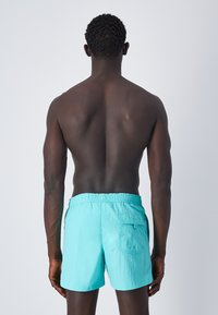 Costumi da bagno azzurri chiari con vita elastica, tasca posteriore e tessuto strutturato. Modello visto da dietro su uno sfondo neutro.