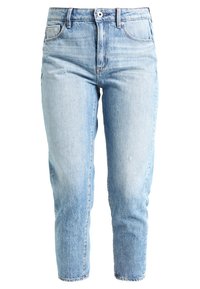 Vaaleansiniset farkut, joissa on korkea vyötärö, kapeneva lahje ja haalistu finish. Varustettu vyölenkeillä, etunapituksella ja viidellä taskulla.