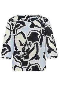 Blouse pour femme à manches trois-quarts, ornée d'un motif floral abstrait audacieux en noir, blanc, bleu clair et beige.