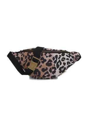 Leopard-print heuptasje in bruine en crèmekleurige tinten, met een gouden ritssluiting en een zwarte verstelbare band. Gemaakt van duurzaam materiaal.