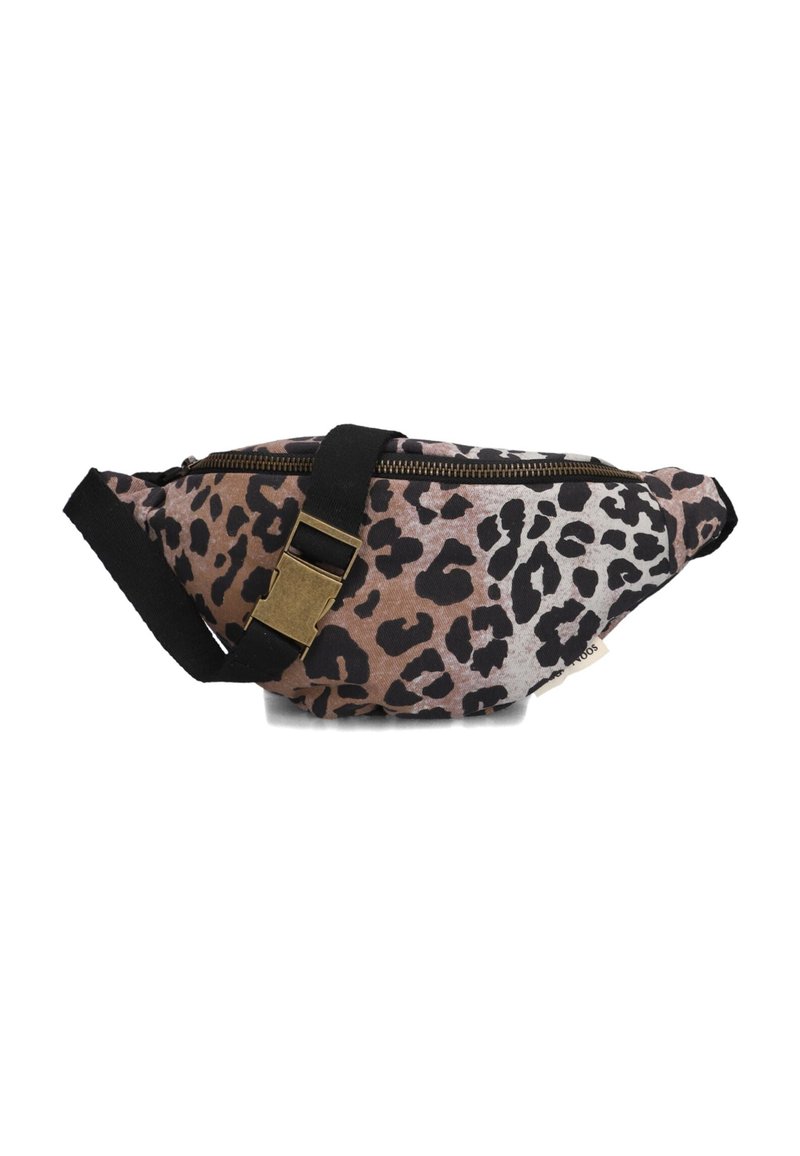 Leopard-print heuptasje in bruine en crèmekleurige tinten, met een gouden ritssluiting en een zwarte verstelbare band. Gemaakt van duurzaam materiaal.