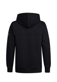 Sweatshirt à capuche noir avec une texture lisse, des poignets et un ourlet côtelés, et une étiquette de marque discrète sur l'épaule gauche. Vue arrière montrée.