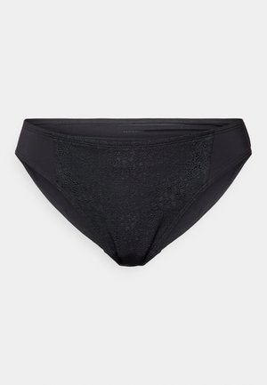 Black lace panties with a smooth waistband, floral lace panel at the front, and a seamless back. Designed for comfort and a secure fit.