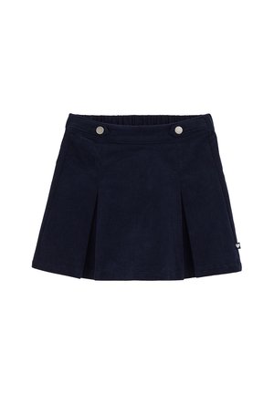 Jupe en velours côtelé bleu marine avec un design plissé, une taille élastique et deux boutons pression métalliques à l'avant. Elle arbore une petite étiquette logo sur le côté.