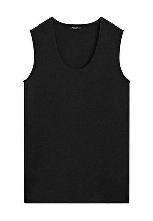 Canotta nera senza maniche con collo rotondo, dalla texture liscia, distesa piatta per la visualizzazione.