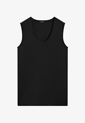 Black sleeveless crew neck tank top with a smooth fabric texture, flat laid for display.
