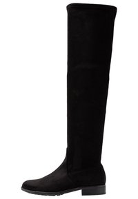 Stivale nero in suede sopra il ginocchio con una texture liscia, punta arrotondata e tacco basso e robusto; design senza giunte con nessun hardware visibile.