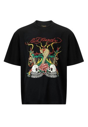 Black cotton t-shirt featuring a colorful graphic design of snakes, skulls, and roses, with short sleeves and a crew neck.