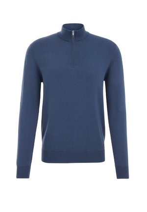 Mėlynas, megztas puloveris su pusiau užtrauktuku, ilgomis rankovėmis ir gūbriu bei apačia su dryžiais. Lygus paviršius be matomų raštų ar akcentų.