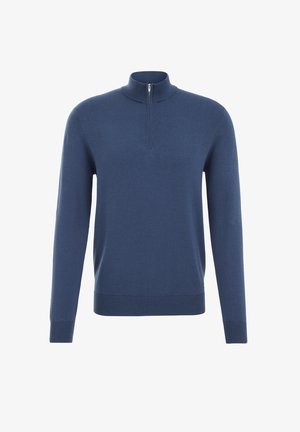 Modrý pletený pulóver s polovičným zipsom, dlhými rukávmi a rebrovanými manžetami a lemom. Hladká textúra bez viditeľných vzorov alebo akcentov.