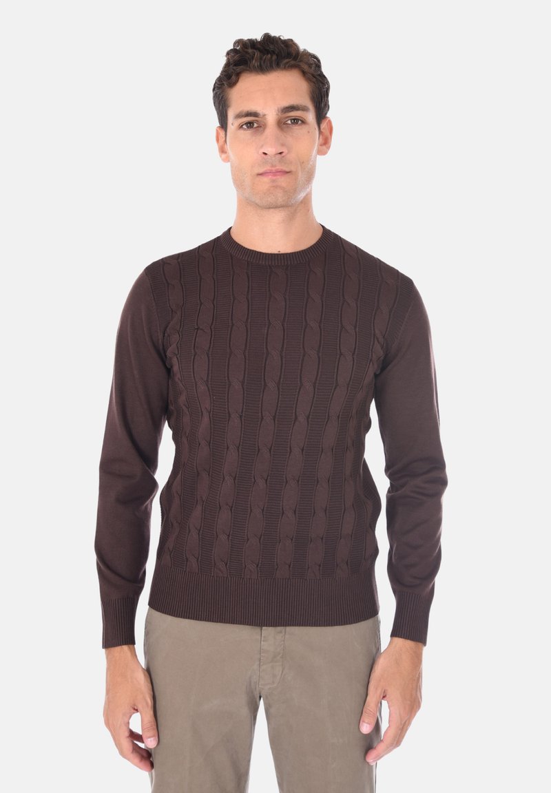 Maglione marrone lavorato a maglia con un motivo a trecce testurizzato, polsini a costine e scollatura rotonda. Indossato con pantaloni di colore chiaro.