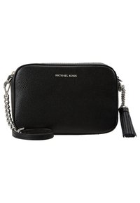Schwarze Leder-Crossbody-Tasche mit strukturierter Oberfläche, silbernen Beschlägen, Kettenriemen, Quastenakzent und Logodetails auf der Vorderseite.