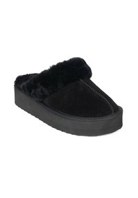 Pantofole slip-on foderate in pelliccia nera con tomaia in morbido camoscio, suola in gomma nera spessa e dettagli di cucitura visibili lungo il bordo.