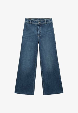 Wide-leg blue denim jeans with a faded finish, a zip fly, and a frayed hem. Features five pockets and beige stitching.