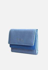 Blue leather wallet with a smooth texture, featuring a fold-over flap, subtle logo, and contrasting inner panel in a darker blue.