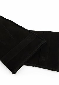 Black suede gloves featuring a smooth texture, reinforced stitching, and a sleek design with minimal branding on the cuff.