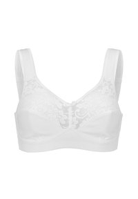 Vit bh med spetsöverdrag på kuporna i blommönster, breda justerbara axelband och en slät tygband nertill.