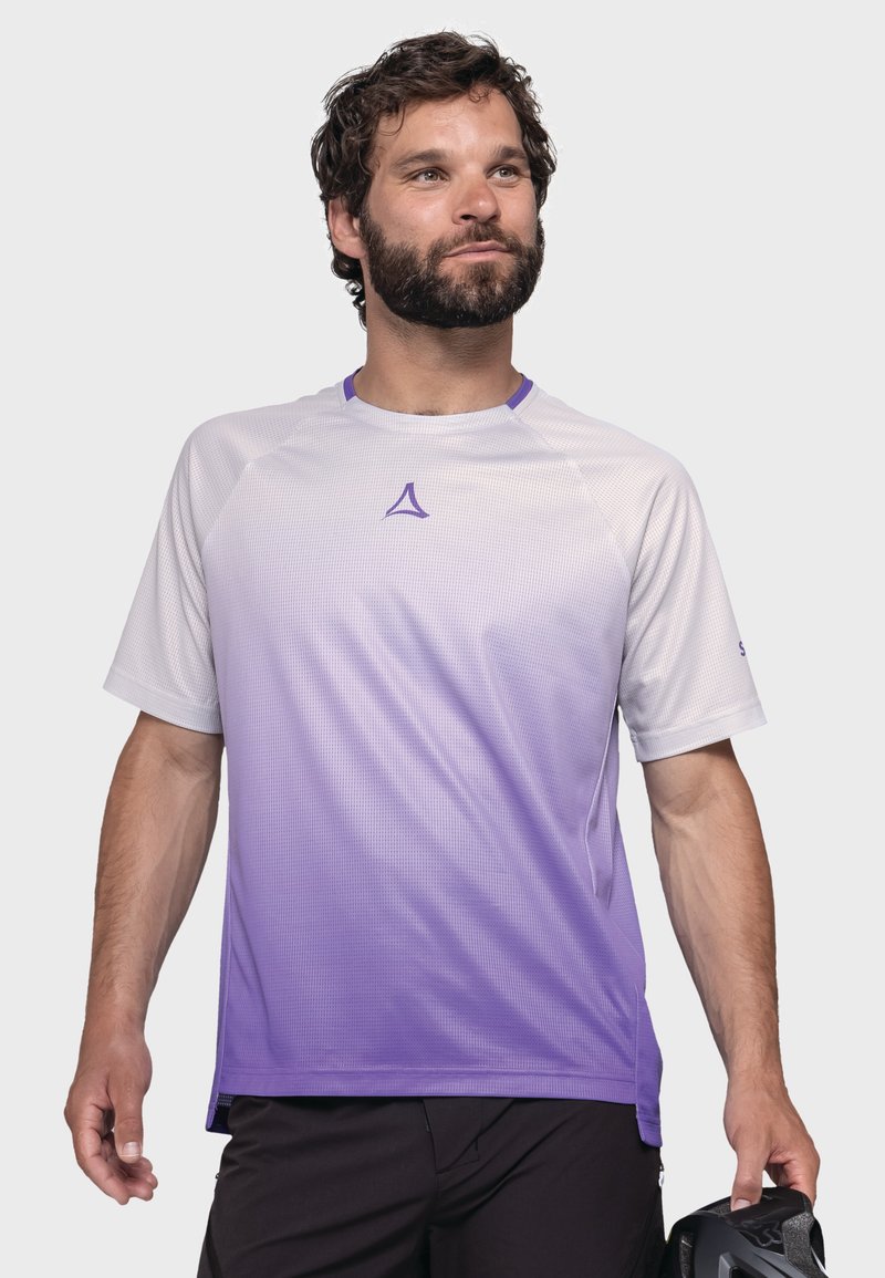 Lila verlaufendes Sportshirt aus strukturiertem Stoff, mit kurzen Ärmeln und Rundhals. Hat ein dezentes Logo auf der Brust und kontrastierende Besätze.