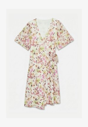 Floral wrap dress with short sleeves, V-neck, and side tie in soft pastel pink, green, and beige tones on a light background.