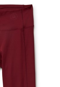 Bordeaux sportovní legíny s vysokým pasem, hladkou texturou, plochými švy a malým logem vyraženým na pase.