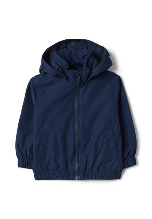 Marineblaue Kinderjacke mit Kapuze, Frontreißverschluss, elastischen Bündchen, zwei Seitentaschen und gerafftem Saum vor weißem Hintergrund.