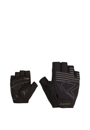 Black fingerless cycling gloves with padded palms, reflective stripes, and Velcro wrist closures, branded "ziener" on white background.