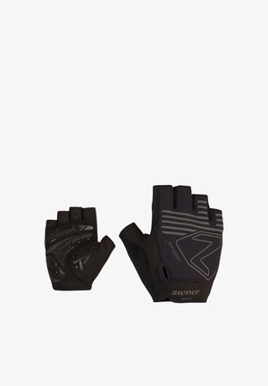 Black fingerless cycling gloves with padded palms, reflective stripes, and Velcro wrist closures, branded "ziener" on white background.