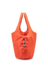 Élénk narancssárga újrahasználható bevásárlótáska, tartós anyagból készült, nyitott tetejű, széles vállpántokkal és egy kis húzózsinóros zsebbel az elején.