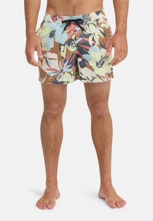 Maillots de bain pour hommes avec une base marron clair et un motif floral vibrant en bleu, vert, rose et noir. Dotés d'une ceinture élastique avec un cordon de serrage.