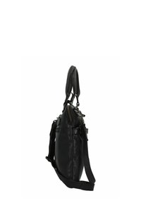 Bolso de mano de cuero negro con cierre de cremallera, doble asa y una correa para el hombro ajustable. Textura suave con detalles de hardware mínimos.