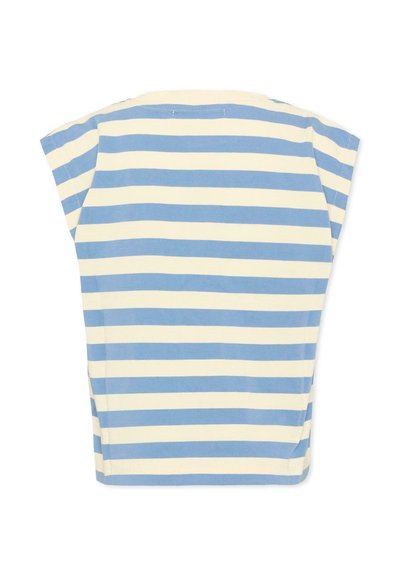 Haut à manches courtes avec des rayures horizontales bleues et blanches, col rond et coupe ample.