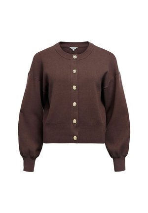 Rjava, kratka pletena cardigan z okroglim izrezom, dolgimi balonastimi rukavi in šestimi sijočimi zlatimi gumbi spredaj. Gladka tekstura.