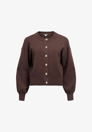 Cardigan en tricot marron, court, avec un col rond, des manches longues en ballon et six boutons dorés brillants sur le devant. Texture lisse.