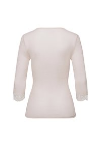 Light pink, ribbed long-sleeve top with a rounded neckline and lace trim at the cuffs. Smooth texture, fitted shape, and no embellishments.