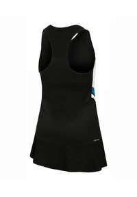 Vestido atlético negro sin mangas con diseño de espalda nadadora y pequeños acentos azul y blanco en los costados, que presenta una falda acampanada y el texto "Deep Dry".