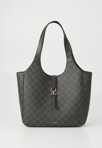 Black tote bag with a smooth texture, featuring a subtle pattern, elongated straps, and a gold hardware accent. Brand name displayed at the bottom.