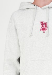 Felpa grigia chiara realizzata in morbido misto cotone, con una tasca frontale e un logo ricamato color bordeaux sul petto. Coulisse nel cappuccio.