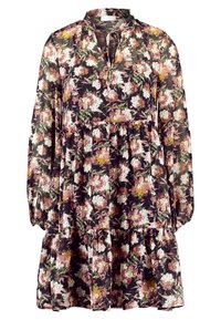 Robe à manches longues florale avec un fond sombre, jupe à volants, taille froncée et détail de col à nouer, ornée de fleurs blanches, roses, vertes et moutarde.