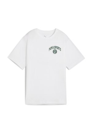 Hvid bomulds t-shirt med korte ærmer, rund udskæring og grønt broderet "PUMA SPORTS" logo på venstre bryst.