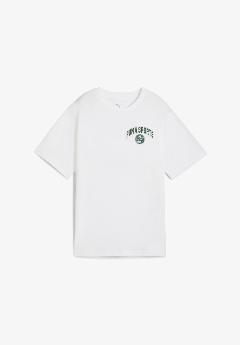 Hvid bomulds t-shirt med korte ærmer, rund udskæring og grønt broderet "PUMA SPORTS" logo på venstre bryst.