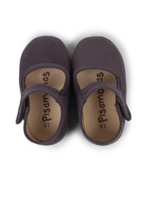Chaussures Mary Jane en toile gris foncé avec une bride Velcro, une conception à bout rond et une semelle intérieure texturée arborant le logo "Pisamonas". Taille 18.