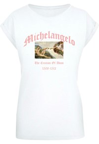 Weißes Baumwoll-T-Shirt mit kurzen Ärmelchen, mit "Michelangelo" in pinker Schrift, einem Bild von "Die Schöpfung Adams" und darunter Text mit Daten.