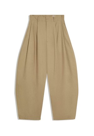 Beige, hoch taillierte Hosen mit weitem Bein, vorderen Falten, Reißverschluss- und Knopfverschluss sowie Gürtelschlaufen.