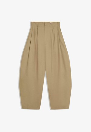 Beige, hoch taillierte Hosen mit weitem Bein, vorderen Falten, Reißverschluss- und Knopfverschluss sowie Gürtelschlaufen.