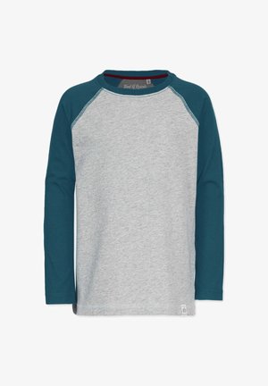 Langærmet T-shirt i grå med teal raglanærmer, med en rund halsudskæring og sidelabel. Bomuldsblanding med en glat tekstur.